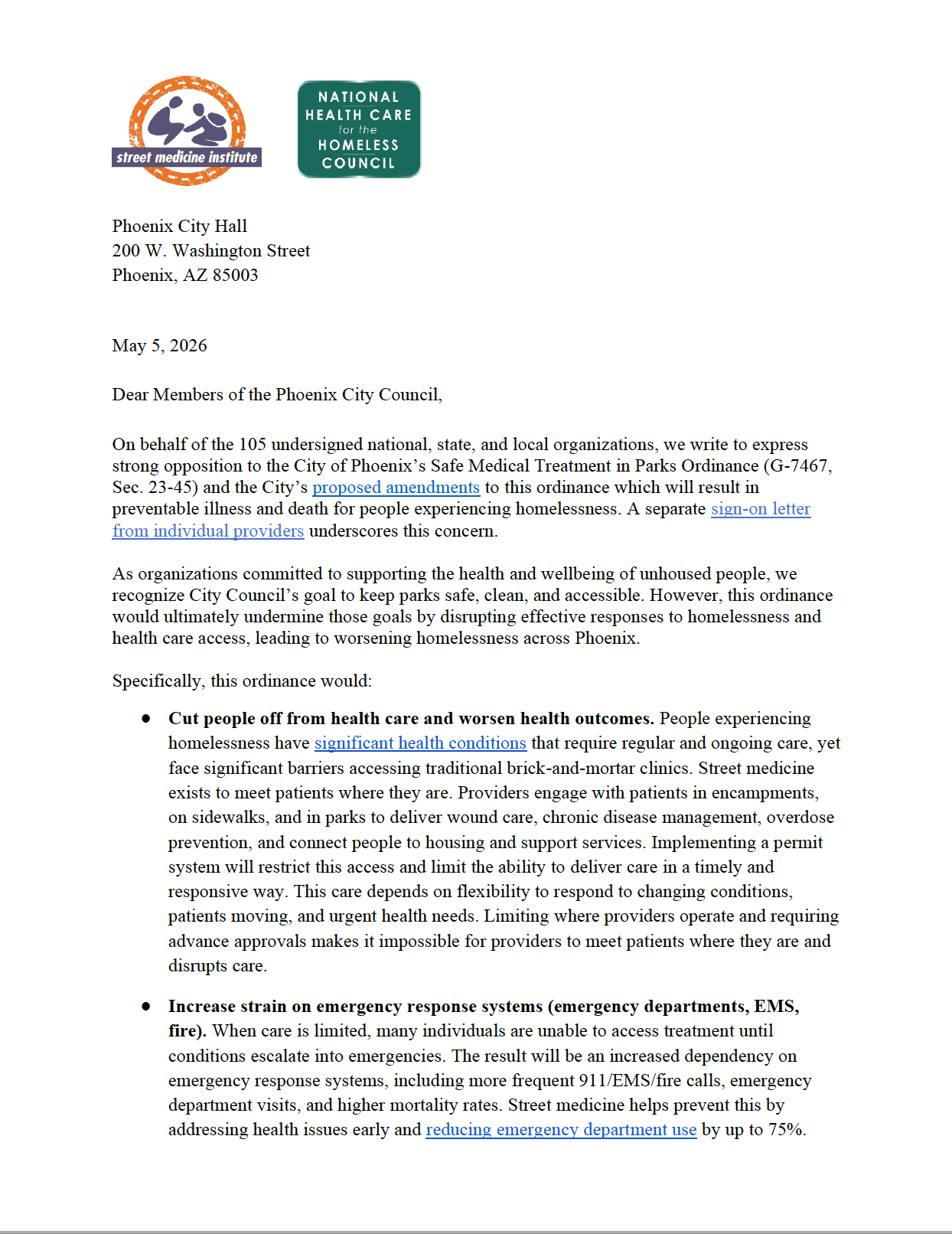 Organizational Letter Opposing Phoenix Ordinance